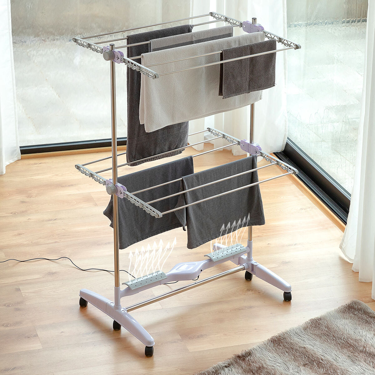 Foldable and extendable metal clothes rack with 3 height levels (11 rods)
