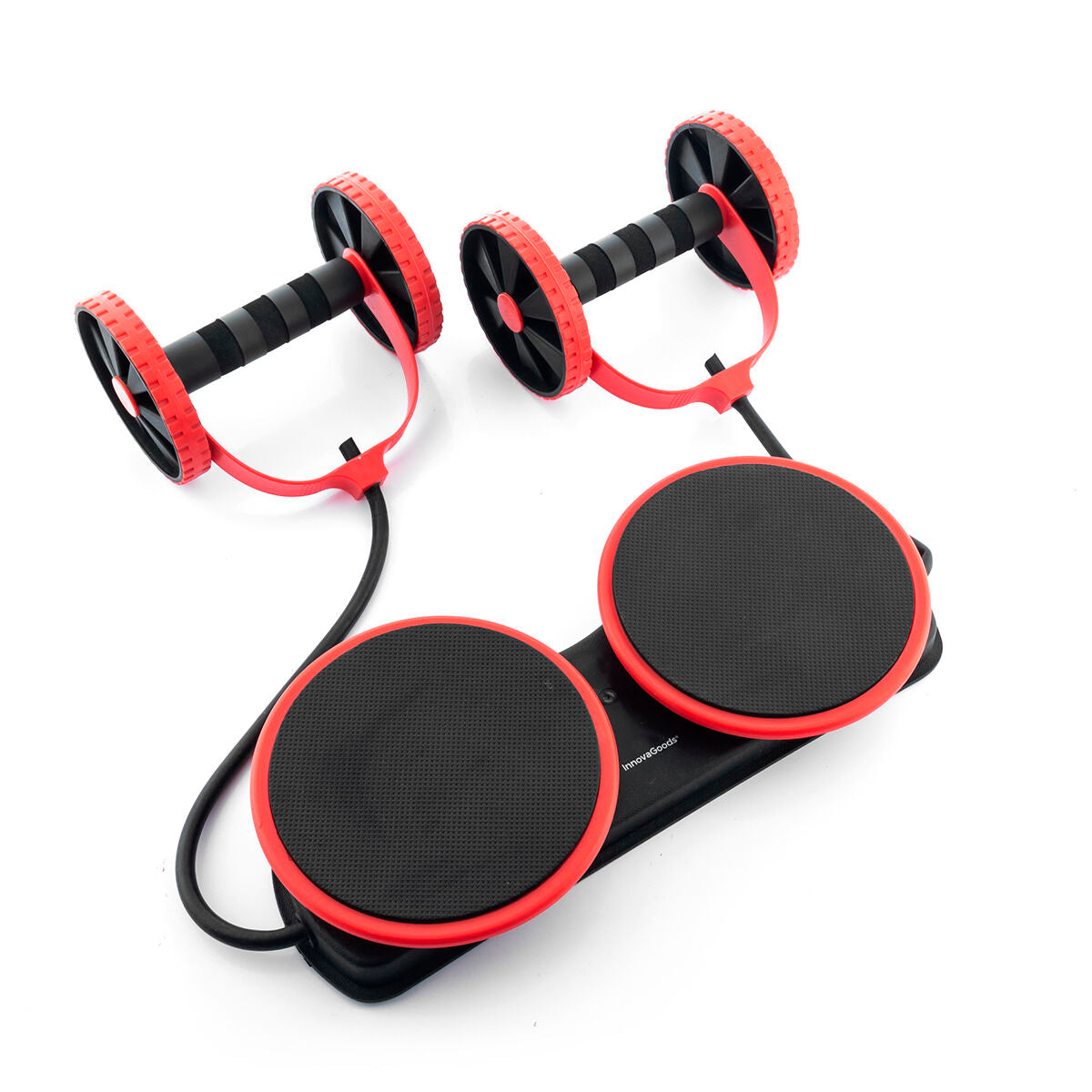 Abdominal muscle roller with rotating discs, elastic bands and exercise instructions