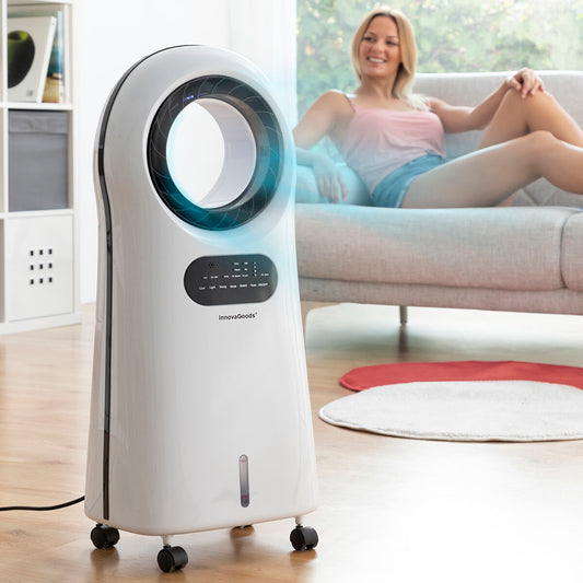 Finless air cooler with evaporative ionizers and LED lights