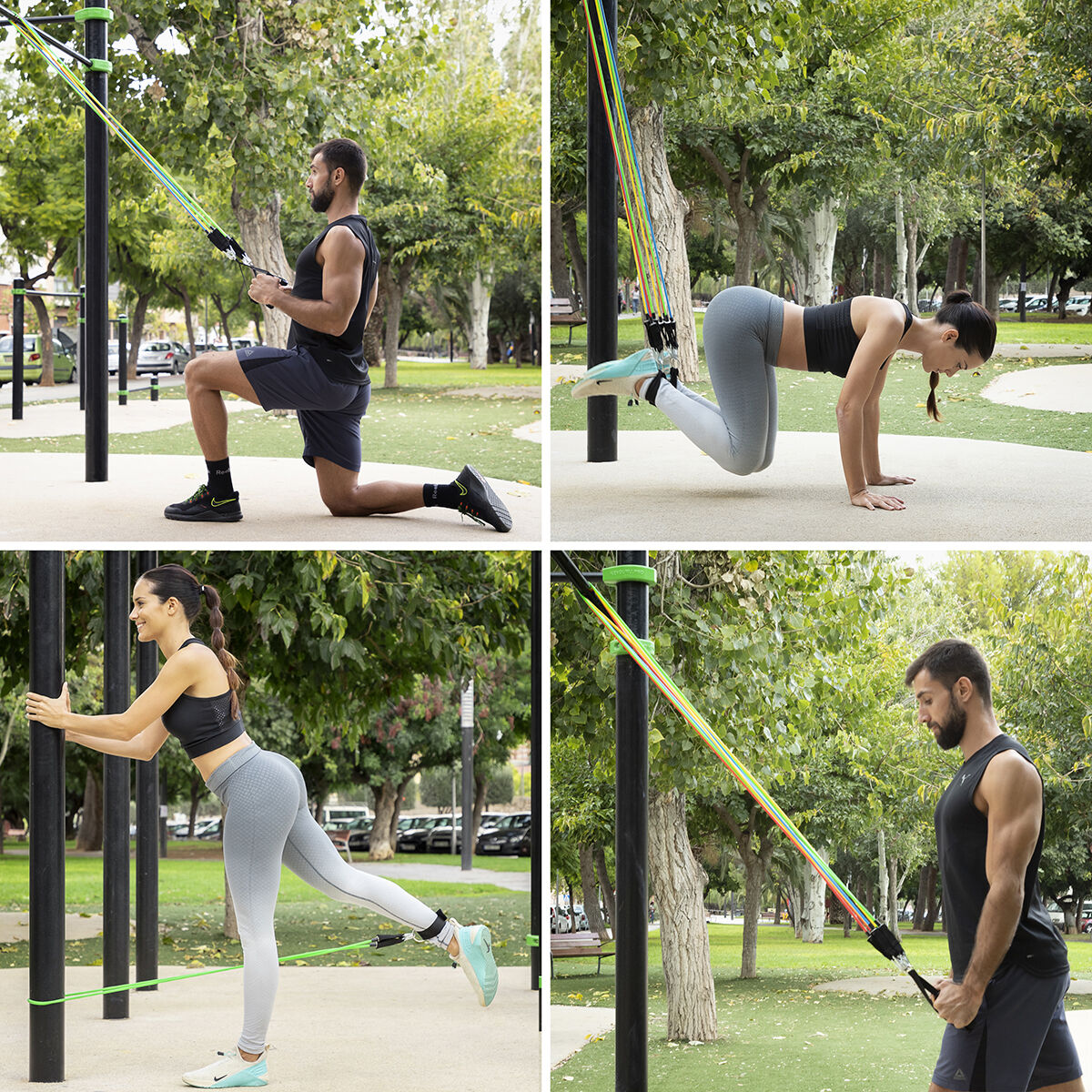 Satz regulierbaren Stretchbändern mit Accessoires und Übungsleitfaden