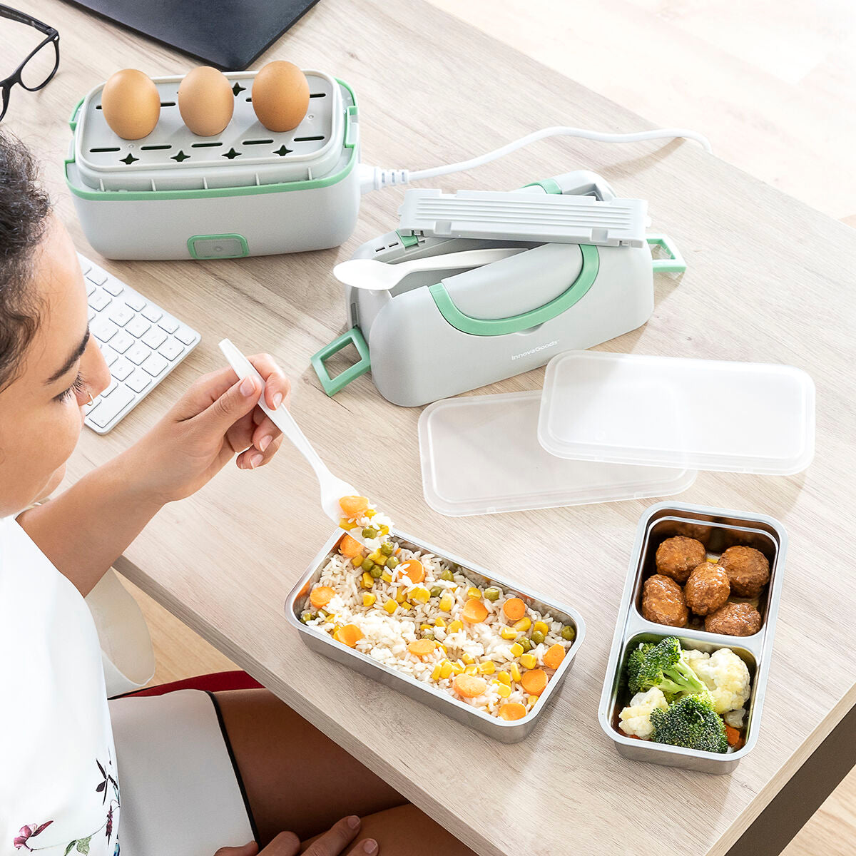 Elektrische 3 in 1 Dampf-Lunchbox To Go mit Rezepten