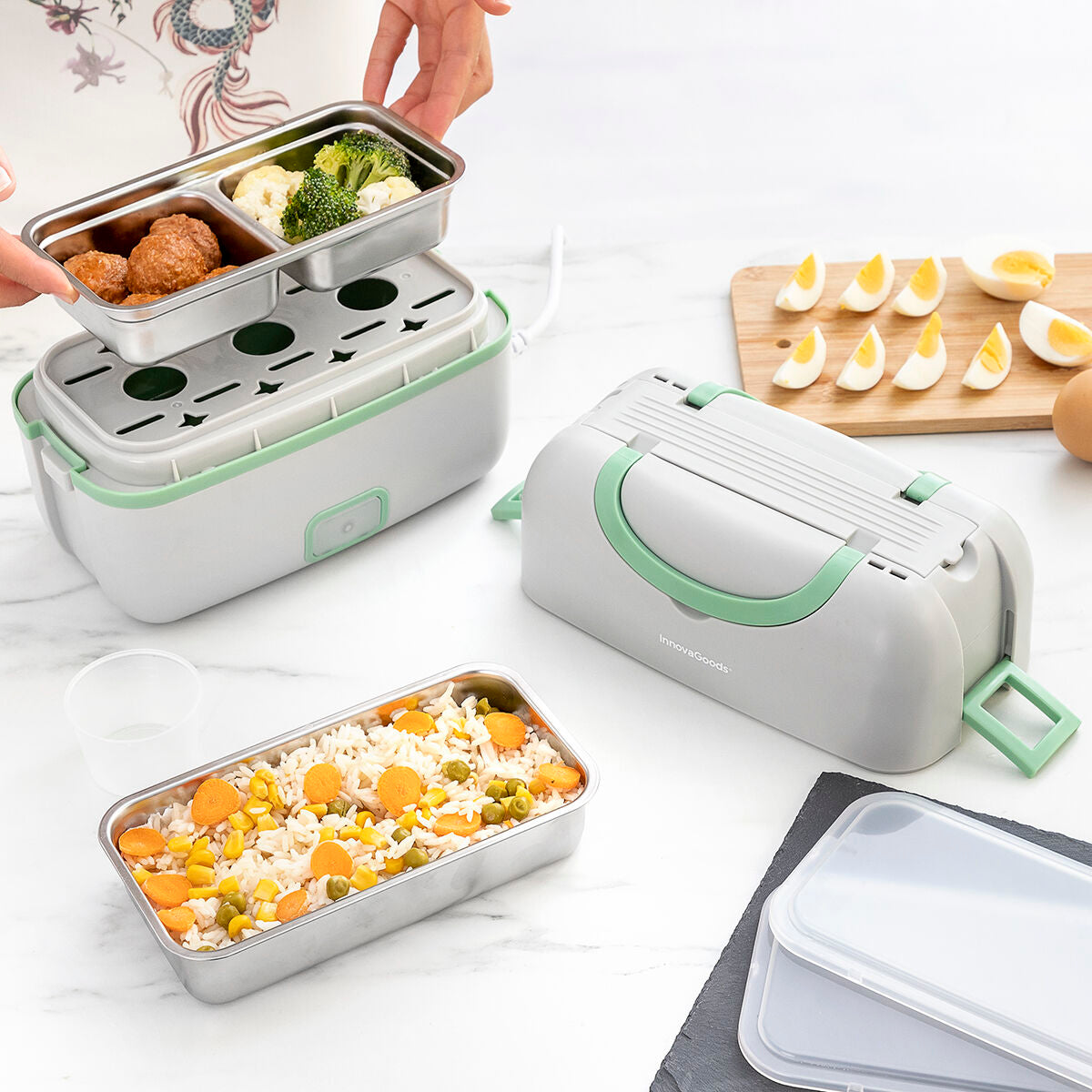 Elektrische 3 in 1 Dampf-Lunchbox To Go mit Rezepten