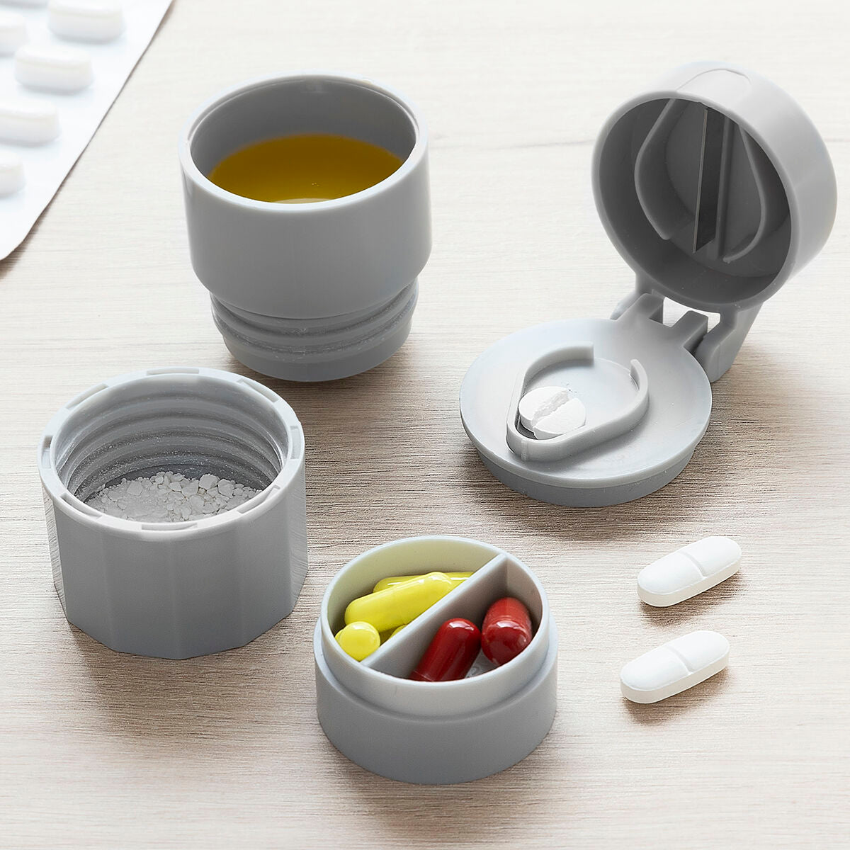5 in 1 pill box with tablet cutter and crusher 