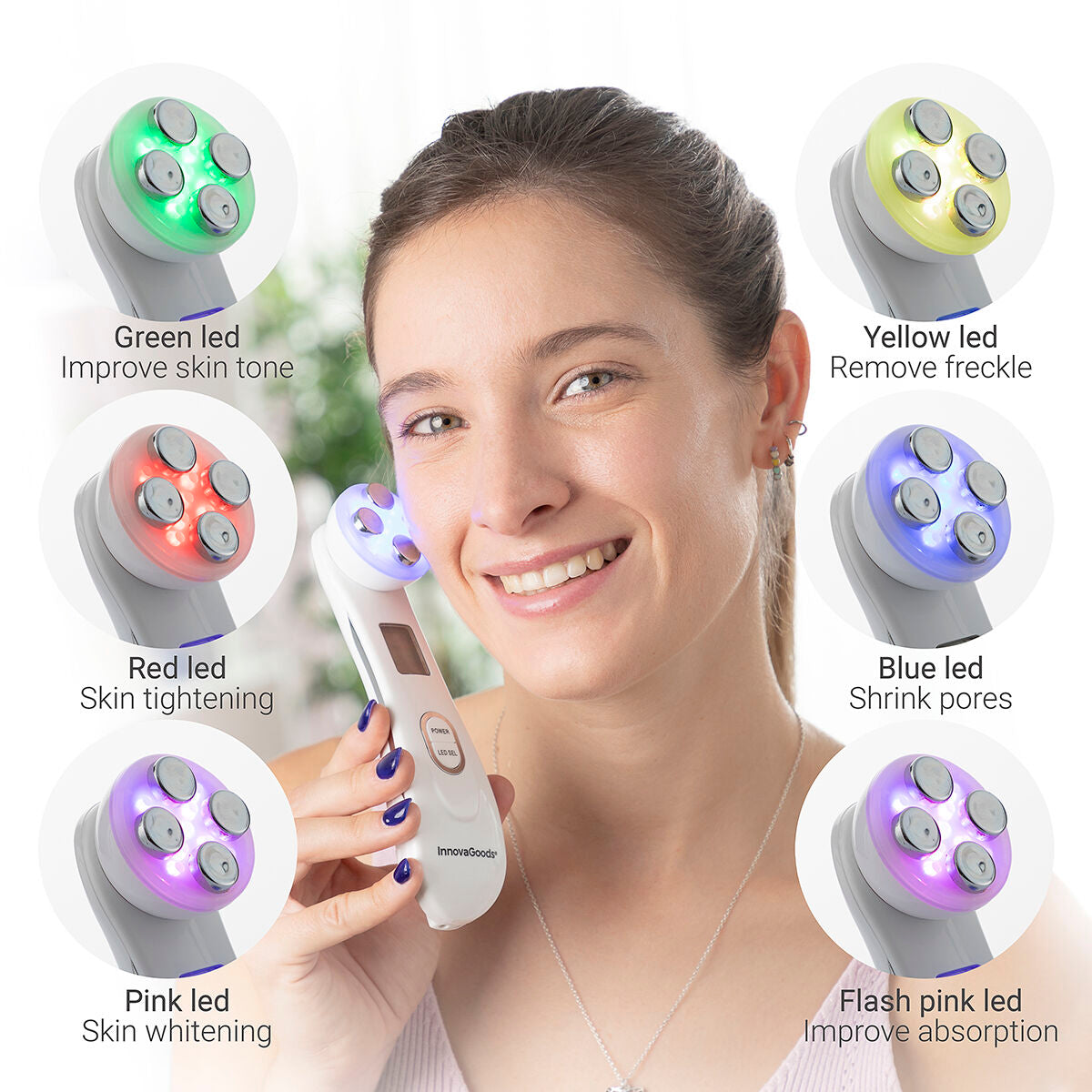 Facial massager with radio frequency, phototherapy and electrostimulation 