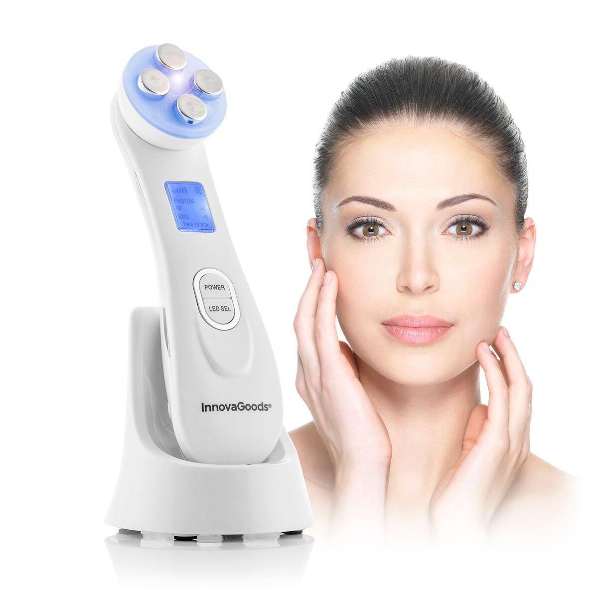 Facial massager with radio frequency, phototherapy and electrostimulation 