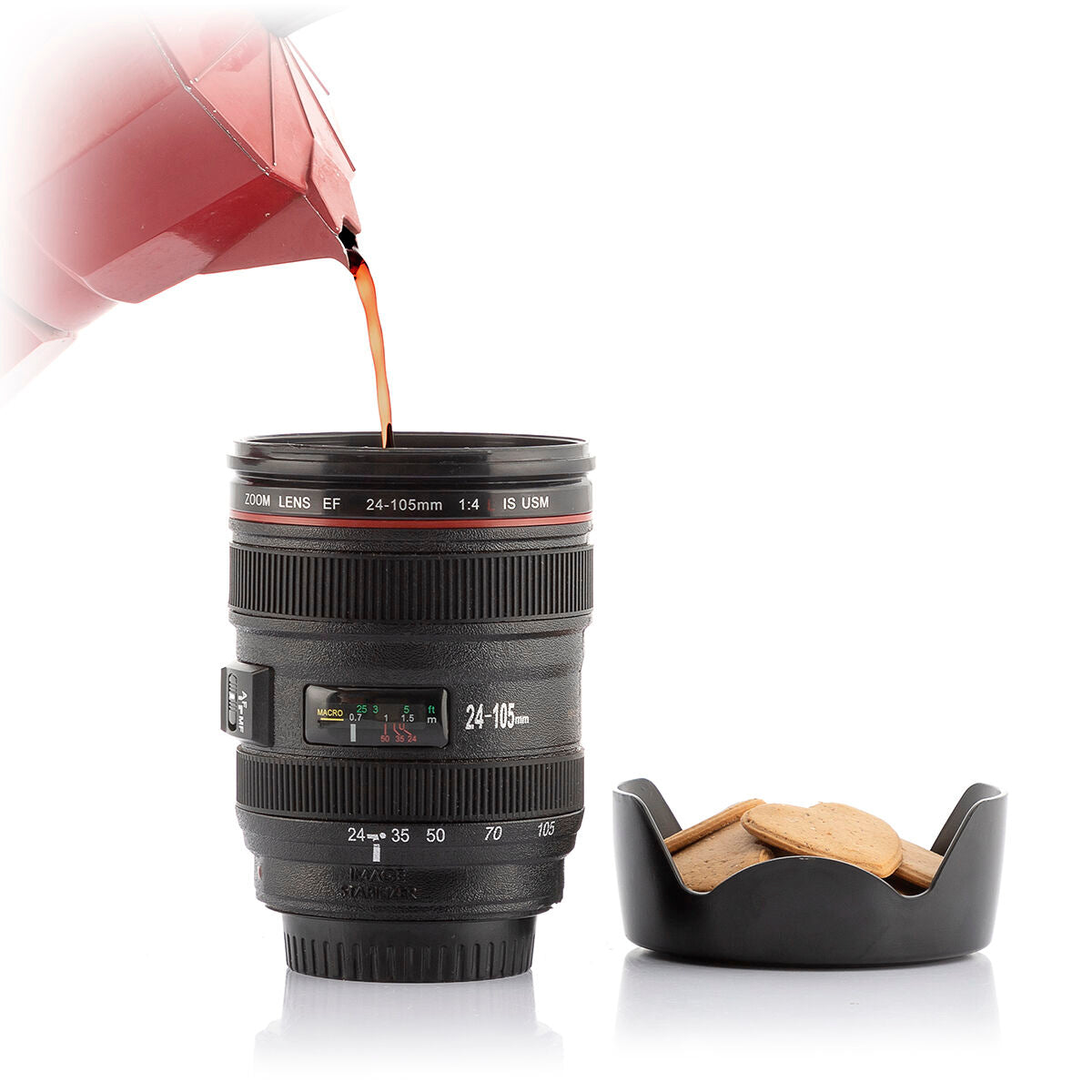 Multifunktionsbecher mit Deckel in Form eines Kameraobjektivs